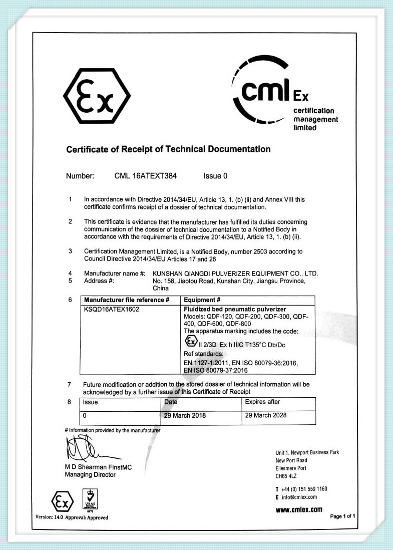 Сертификат против ЕКСПЛОЗИЈА 16ATEXT384